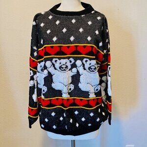 Vintage Delivery Ltd. Teddy Bear Ski Sweater‎ Hearts Snowflakes L/XL USA Made